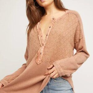 Free People Spirit Tee Henley Embroidered Top – Red Clay Combo | Medium